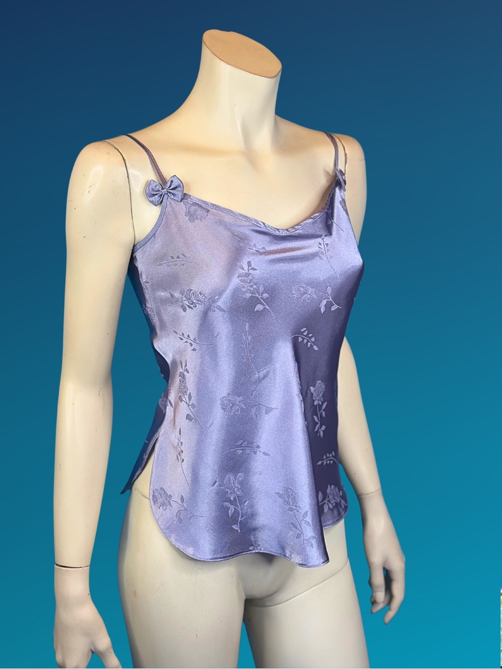 90s Lavender Satin Cami Floral Jacquard Slip Top | XS S - Picture 4 of 10